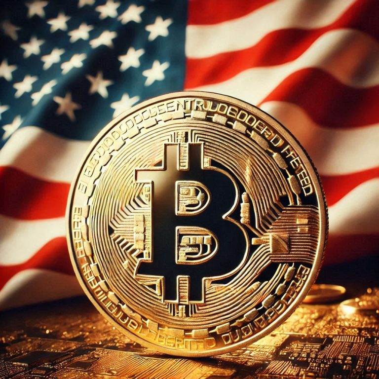 Bitcoin with Americas flag behind